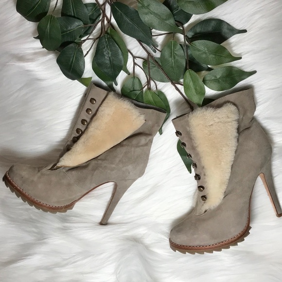 Plomo Shoes - Plomo Suede and Shearling Spikey Heel Booties 38